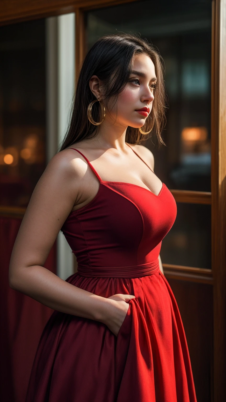 a female fatale with striking features,dangerous and seductive gaze,((standing (alone:1.4) in a dimly lit alley:1.4)),((full-body:1.4, cinematic-shot)),(best quality,4k,8k,highres,masterpiece:1.2),ultra-detailed,(realistic,photorealistic,photo-realistic:1.37),(film grain:1.3).

[(1girl),(solo),((1 person)),(25years-old),[Raiana-Elizabeth-Dilla],pearl skin,(skin pores:1.1),beautiful detailed eyes,beautiful detailed lips,extremely detailed eyes,longeyelashes,extremely detailed face and skin texture,(skin texture:1.1),black hair,tall and slender body,(192cm tall),thin and delicate figure,graceful posture,flawless skin,defined abs,perfect curves,beautiful long legs,(cleavage breasts,large breasts:1.4),((wearing a sexy (red ultra-short vintage strapless minidress:1.4))),extremely detailed and realistic (red) clothes,(shiny skin),((sharp focus:1.5)),(earringeathers:1.5),(charming smile,flawless complexion,red lipstick and smoky eye makeup,)].

[shrouded in mystery and allure].

Official art,extremely detailed,dark and intriguing atmosphere,expertly executed oil painting,contrasting light and shadow,accentuated facial features,vibrant colors,subtle film noir aesthetic,Angelic ethereal beauty,award-winning photography,professional photography,depth-of-field,bokeh.