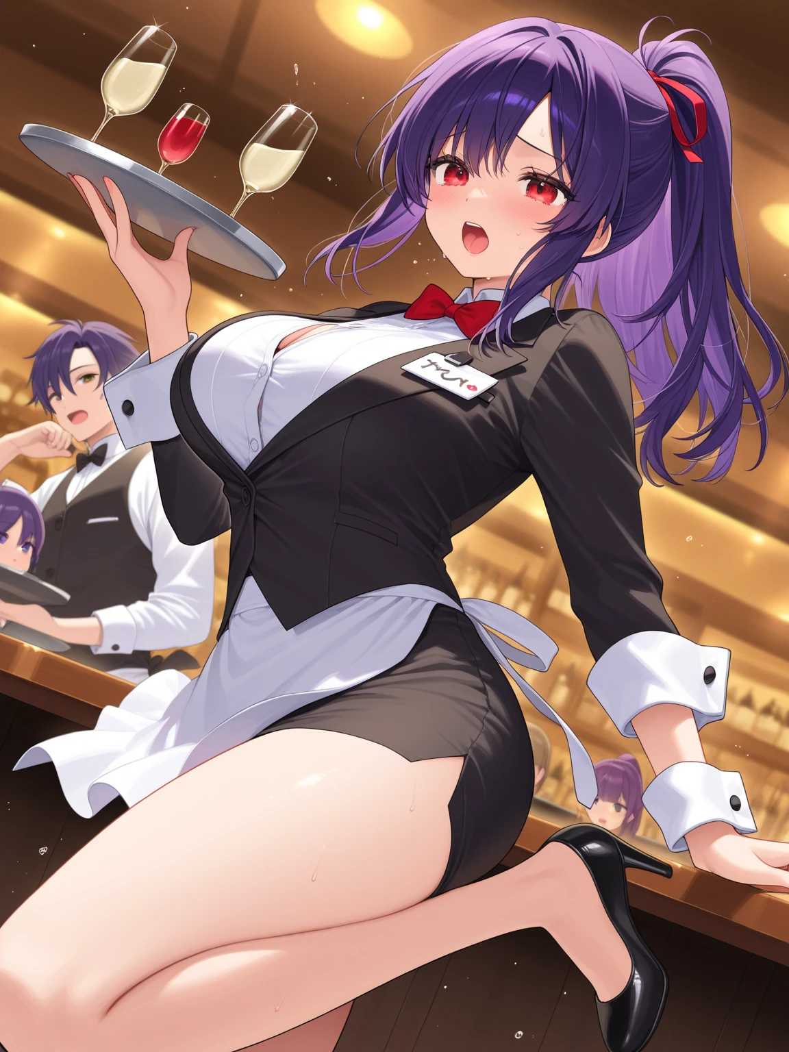 (dynamic angle:1.3, front view:1.1, breast focus:1.3, from above:1.1), (dynamic posing:1.2, sexy posing:1.2), (seductive smiling:1.3), ((looking at cake,Taking a cake out of the golden oven, worried about the outcome:1.2)),highest quality、(real、photorealistic:1.4),(ultra high resolution, 8K RAW photo, clear focus), best qualtiy, natural lighting, field depth, (Bright pupils, detailed beautiful eyes, high detailed face), Red lip, (tight focus:1.2), a girl 22yo old, Wearing a pastry chef uniform:1.3 , Thicc, thin breast, long hair, blue eyes,garter stocking, cleavage:1.2, midriff, black shorts, black thighhighs, thigh strap, pretty girl, (highly detailed beautiful face and eyes,firm breasts),real skin,((black,hair,long pony tail hair)),thin pubic hair,cute,lovely, detailed eyes,(double breasted:1.0,under bust:1.0),(with sparkling eyes and a contagious smile),open mouth, Looking at Viewer,A scene of cooking in the kitchen,looking at the golden oven