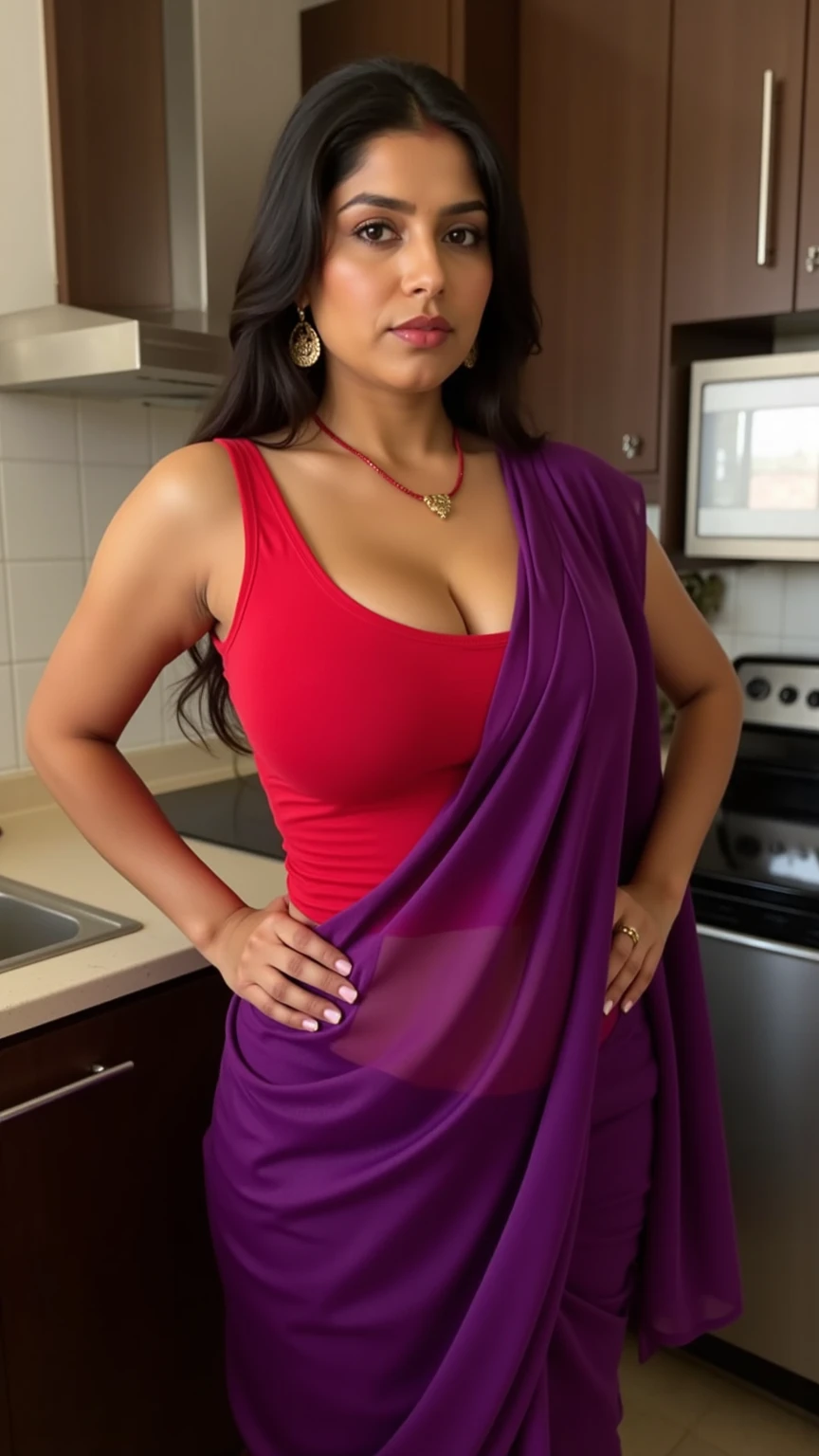 Indian model,50 year old mature woman, old looking , saree outfit, Indian maid, wearing costume without blouse, only saree,oily brown skin,long black hair,wet glossy red lips,plus size body, full body view, wet body,sitting on floor, cleaning objects nearby , kitchen background,slightly bending forward, looking at viewer,photorealistic, high resolution,
