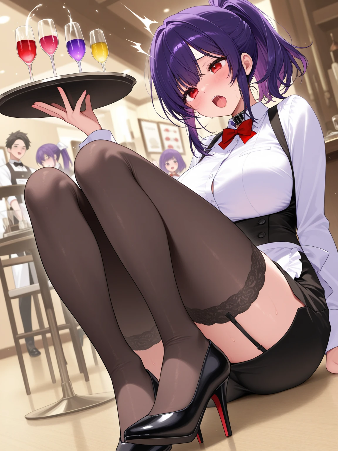 1 person, long hair, chest, blushing, open mouth, bangs, large breasts, shirt, black hair, red eyes, 1 person, ribbon, animal ears, bare shoulders, ripped leotard, ripped fishnet stockings, bare navel, standing, tail, white shirt, heterosexual, pantyhose, solo focus, bow tie, bunny ears, side ponytail, leotard, unbuttoned fishnet collar, fake animal ears, high leg, playboy bunny, leg up, standing on one leg, bare chest, bunny tail, steam, black leotard, no face, tray, faceless male, fake tail, blackboard