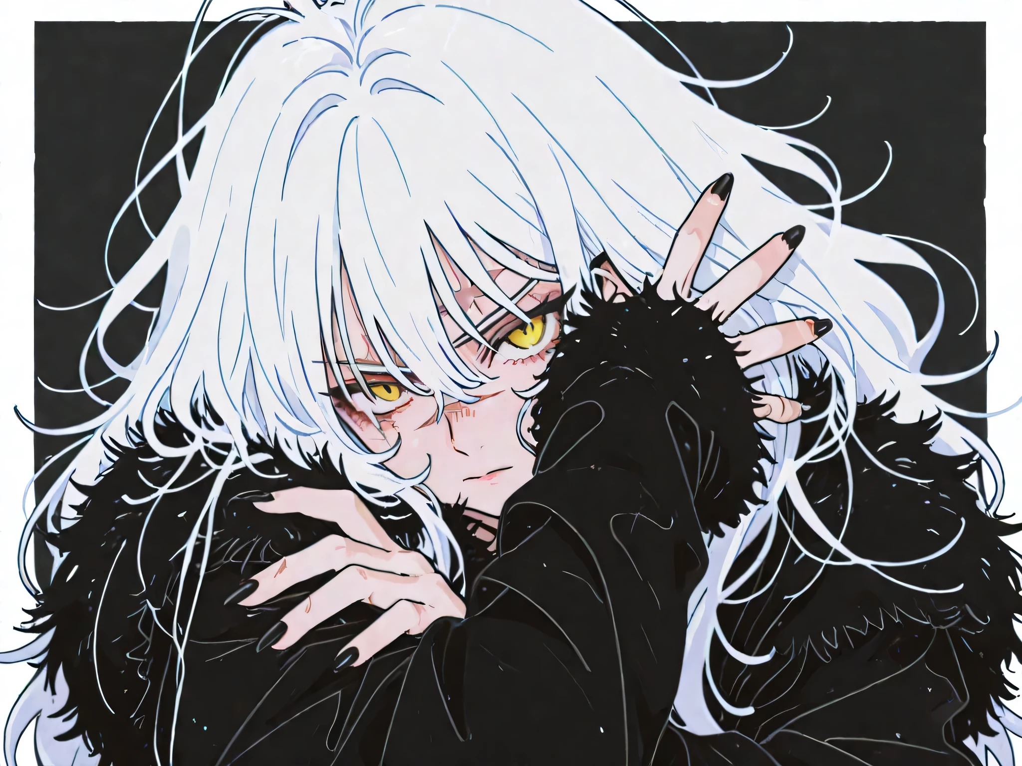 white long messy hair, yellow eyes, scar on left eye, dynamic pose, fierce look, transparent hair, black fur coat, black and white palette, long nails