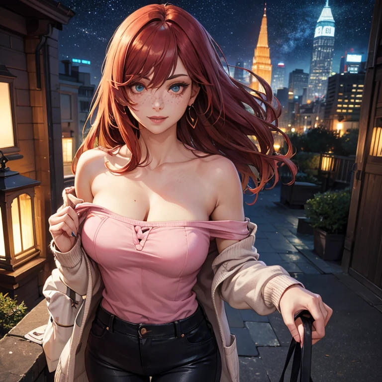  1 woman, (((((UHD))))), (((((masterpiece))))), ((((super detail)))), high details, ((((high quality)))), ((((best quality)))), (((highres))), ((((16k)))), outside daytime, ((Shadows)), red hair, hair over shoulder, side swept bangs, (casual jacket), heart-shaped pupils, one eye closed, sparkling eyes, big beautiful light blue eyes, crystal earrings, grin, bright pupils, (evil smile), red lips, light blush, cheek-to-cheek, sparkle, god rays, backlighting, reflection light, bloom, dutch angle, perspective, from above, ((defined jawline))