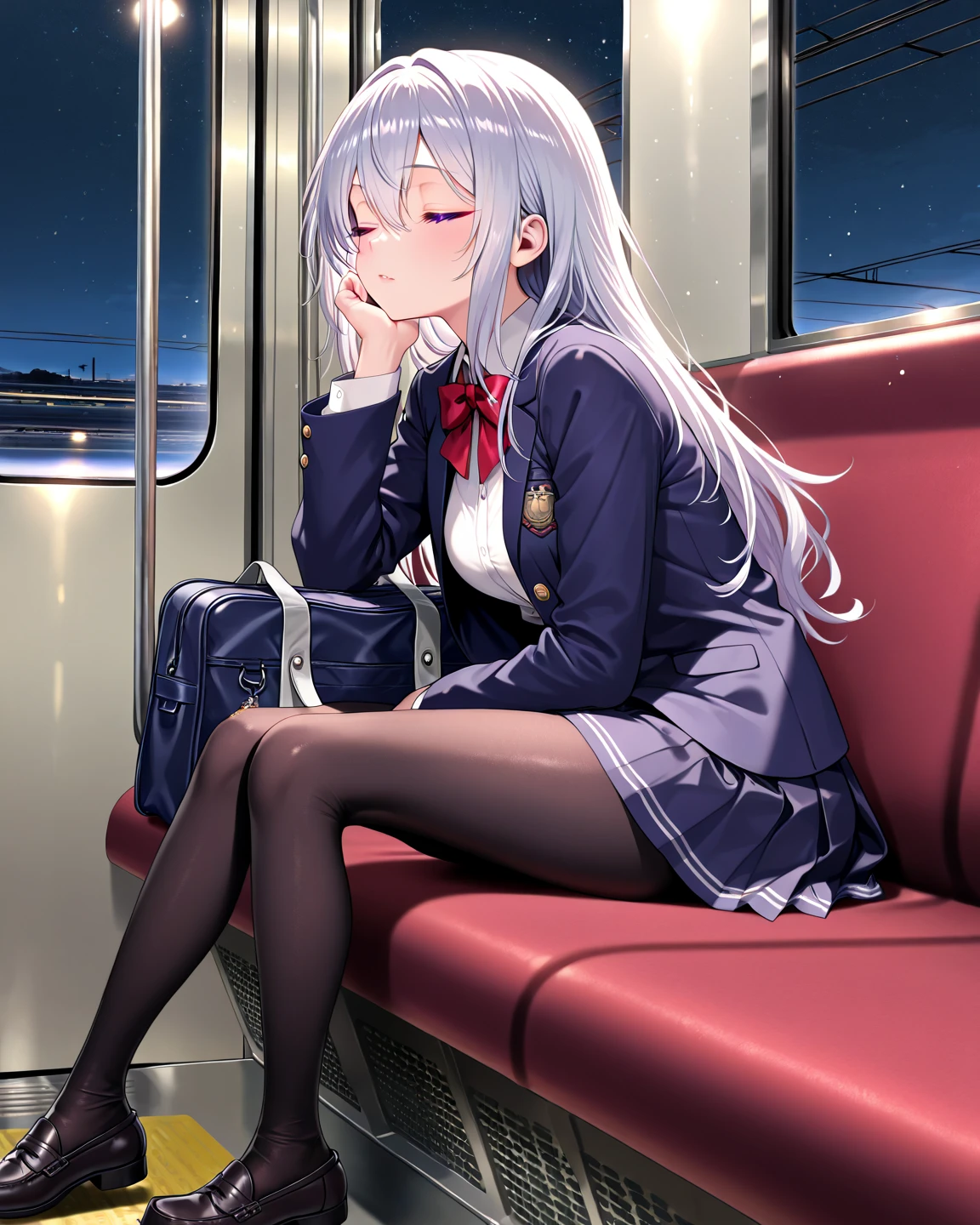 masterpiece, best quality, very aesthetic, absurdres, 1girl, school girl uniform, sitting on seat, panties, in train, key visual, highly detailed, looking at viewer
