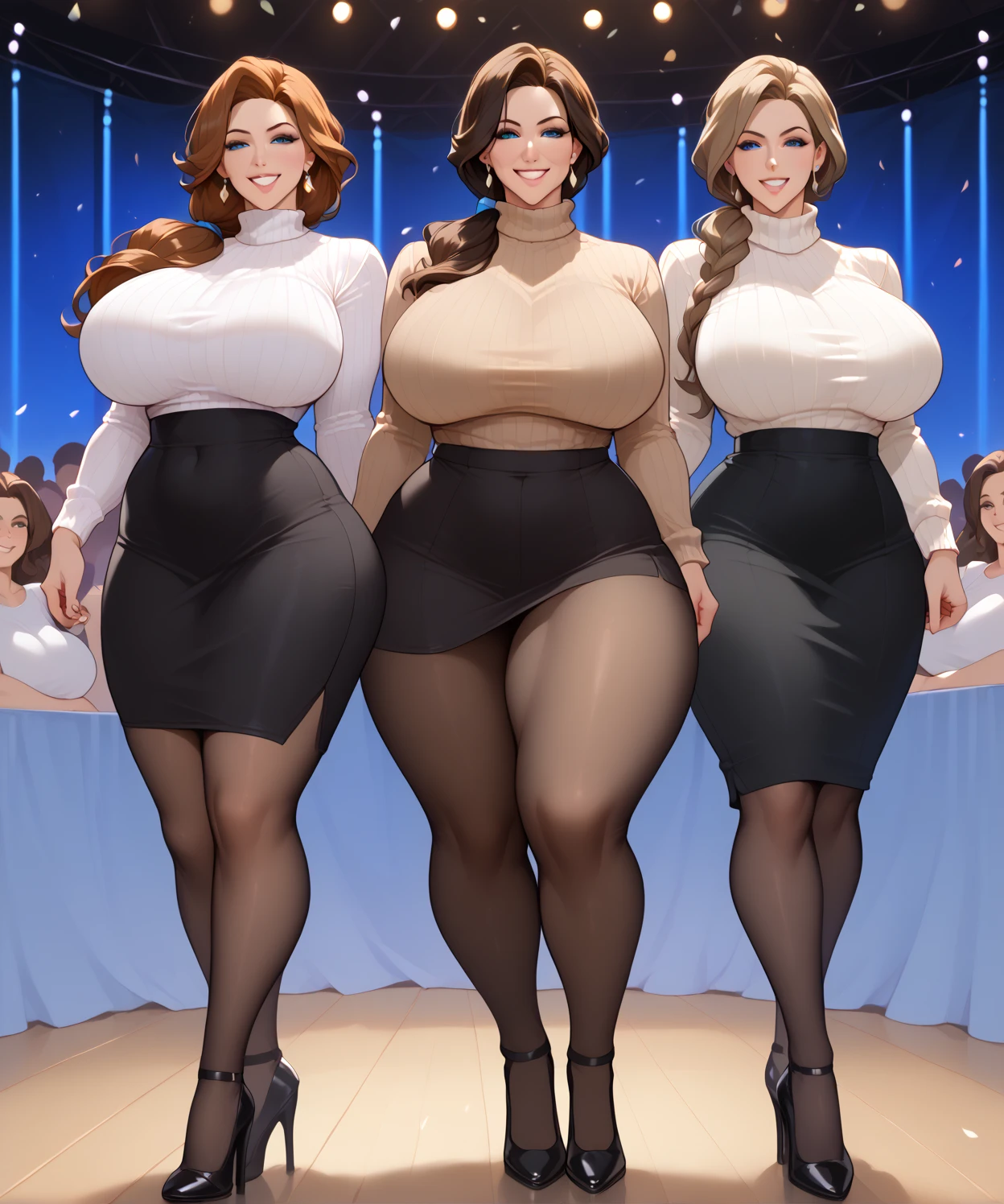 ((multiple medium thick body mature women age 35 American milf super model)) wearing nuns blouse with skirt, smiling, nipples exposed, lineup greeting viewer, 2women, hands on hips, (((lift skirt show panties to viewer, 3outfits 3panels, show back view))), by the pool