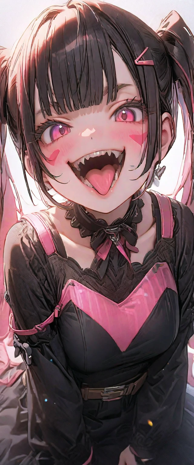 woman\((Lovely,Eye mask\(very Lovely, Gothic fashion,Heart mark\):1.3),12 years old,skin\(White,pale,Smooth,Silky,shining\),Eye\(beautiful,Many star-shaped highlights\),make up\(pink\),(Evil smile:1.3),open mouth,Sharp Teeth,Long tongue,hair\(pink,Double tail,floating,Rolled,detailed,shining\),hairclip\(Heart\),Costumes\(pink colored gothic lolita\),eye angle\(pink:1.3\),(narrow Eye),very Lovely pose,(Chest:1.3),Open lysis, Lovely hand sign\), rest ,background\(Harajuku\(Tokyo,Japan\),night,Lovely,want to,dark\), rest ,quality\(8K,wallpaper of extremely detailed CG unit, masterpiece,high resolution,top-quality,top-quality real texture skin,Surrealism,提high resolution,original photo,Best quality,highly detailed,wallpaper,Movie Lighting,Ray Tracing,Golden Ratio\),(Dynamic Angle),(Close-up of face:1.3),Looking down at the audience,From below,Better Hands