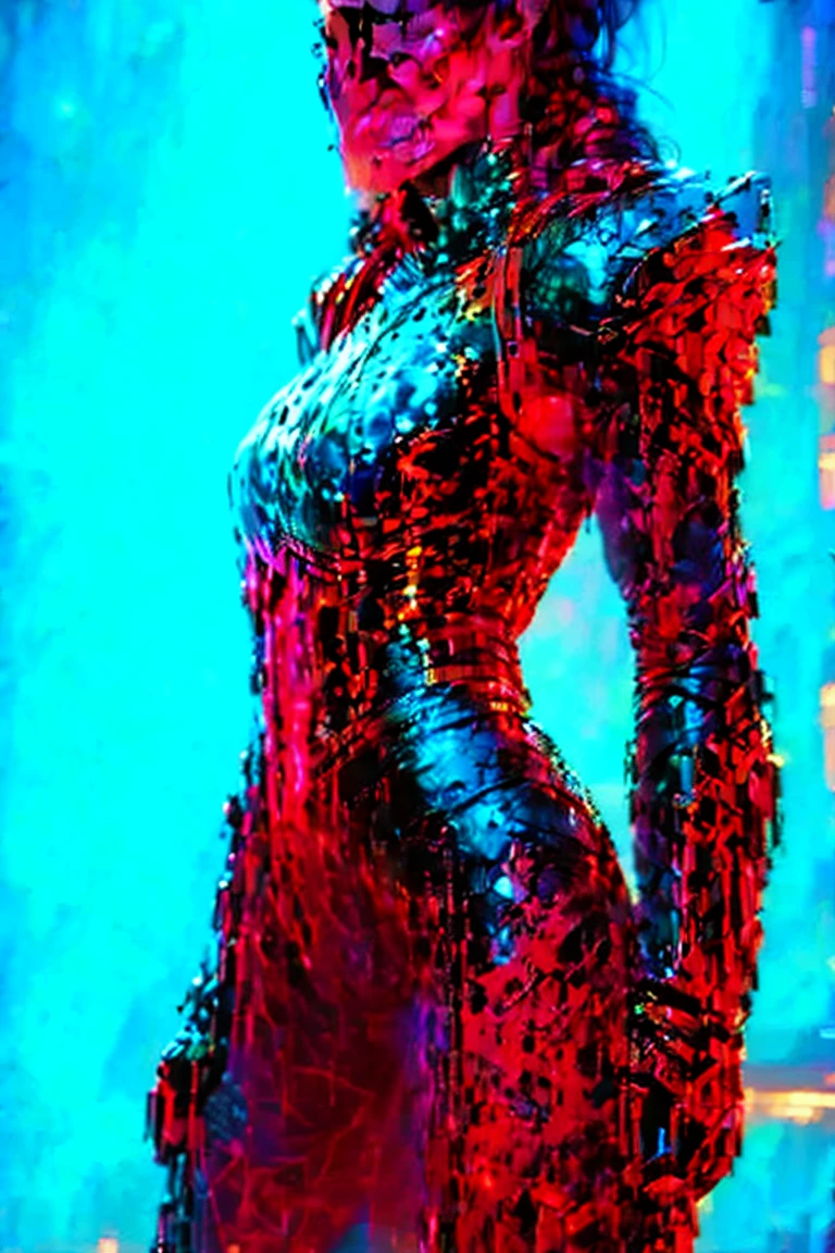 Side view, samus aran, large breast, big ass, source_anime, beaten up, wet skin, tired, long hair, straight hair, blondie, naked, confident face, hip holster, hip strap, blue eyes, at night, gotic neon, detailing face, detailing body, athletic body, standing in cave, dark cave, realistick, ultra detailing, chest band