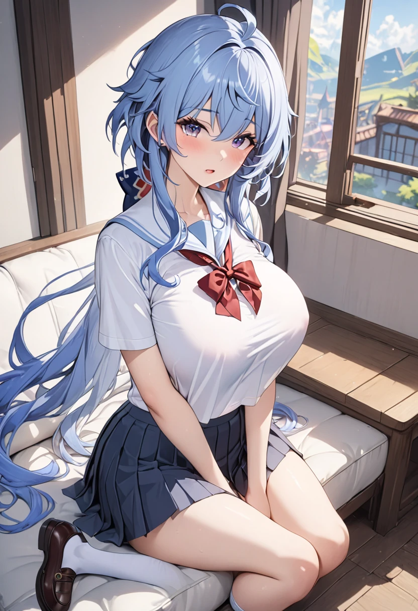 masterpiece、Highest quality、Best image quality、High resolution、Big Breasts、Blue Hair、Red Eyes、Black Uniform、Unbranded uniform