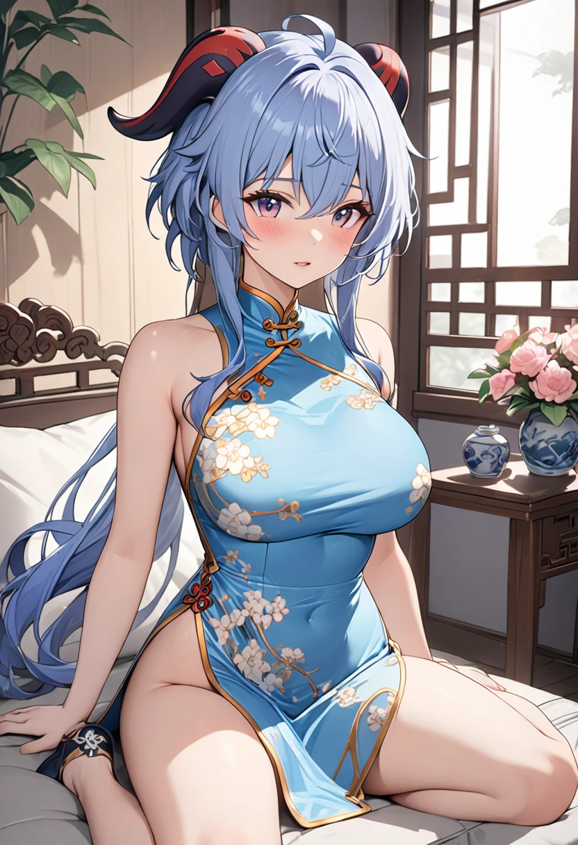 1 girl, wavy hair, long hair, blue eyes, erect nipples, areola slip, big breasts, earrings, blushed, brocade pattern, china dress, pubic hair, no panties, blurry background