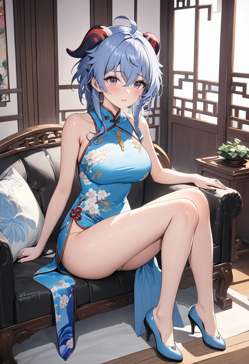 One girl,hoshimachi suisei,blue eyes,Blue Hair,choker,Hair between the eyes,Medium Hair,Side Ponytail,スターchoker,Small breasts,China dress,High heels,Chinese style,(Perfect hands),(Perfect Anatomy),(masterpiece),(highest quality)