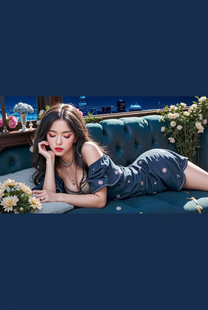 woman, black hair, blue dress with tight neckline, sexy pose, with a giant bouquet of roses in her hands, looking at the camera