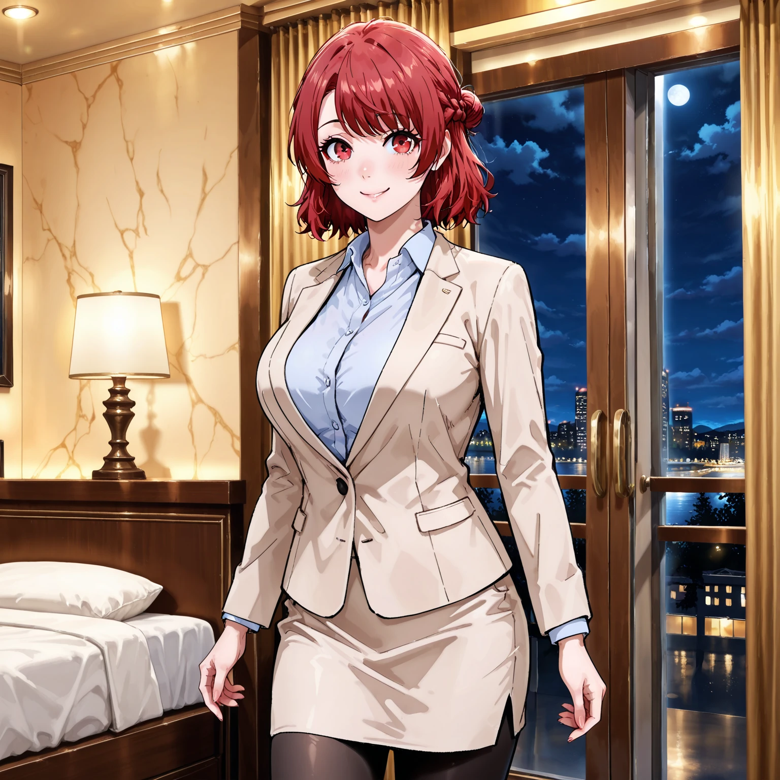 (Night:1.7), Cyberpunk_CityView, Before Window,
sitting at attention,sitting on couch,crossed arms,
red uniform,red jacket,military_uniform,military,long_sleeves,red_cape,Black_shirt,pantyhose,
<lora:Berah_Ronah_Crossbone-KK77-V1:0.7>,<lora:aiueOkaStyle_v10:0.1>, <lora:saiminSeishidou:0.1>,
orange_hair,short_hair,earrings, jewelry
1 girl, 25yo,mature female,Beautiful Finger,Beautiful long legs,Beautiful body,Beautiful Nose,Beautiful character design, perfect eyes, perfect face,
looking at viewer, (innocent_big_eyes:1.0),(expressionless:1.3),
NSFW,official art,extremely detailed CG unity 8k wallpaper, perfect lighting,Colorful, Bright_Front_face_Lighting,
(masterpiece:1.0),(best_quality:1.0), ultra high res,4K,ultra-detailed,
photography, 8K, HDR, highres, absurdres:1.2, Kodak portra 400, film grain, blurry background, bokeh:1.2, lens flare, (vibrant_color:1.2)
(Beautiful,large_Breasts:1.4), (beautiful_face:1.5),(narrow_waist),