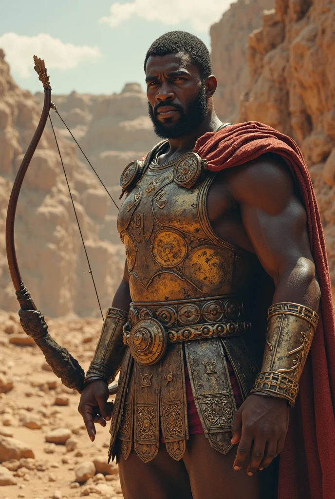 A strong, muscular African man with a beautiful face, shirtless, wearing traditional red clothing with small golden details, walking forward against a background of a dramatic sky with lightning tearing through it, highly detailed, photorealistic, best quality, 8k, extremely detailed, realistic, photo-realistic, physically-based rendering, vivid colors, studio lighting