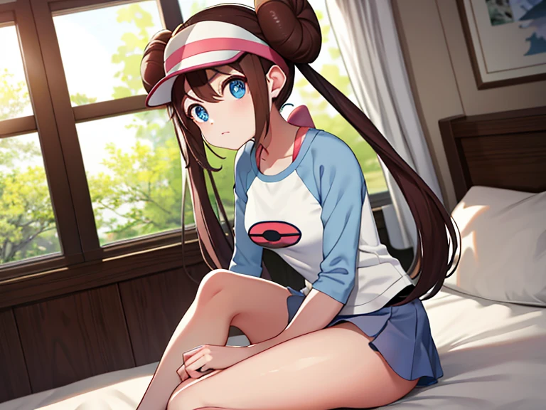 ​masterpiece, top-quality, hight resolution, RO1, Hair buns, blue eyess, Twin-tailed, Visor Cap, raglan sleeves, Yellow shorts, The shirt, Pink ribbon, Watches,large full breasts、、appealing breast、breastso、sexy tummy,  tetas grandes, solo, 1girl, BEDROOM background, hands on chest, embarrased, blush, smile, lying on bed, side view, 