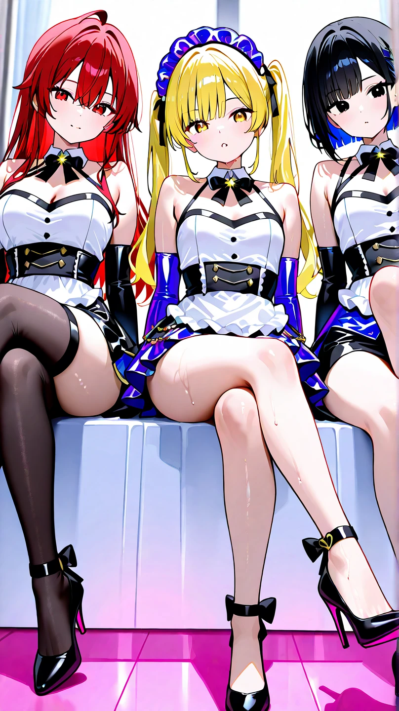 (Browsing Caution), Sexy and stylish female model, Only one woman, ((Doll-like appearance)), Long neon pink stylish hair, ((Shiny Victorian Boots)), (Big smile), Highly detailed eyes, Vibrant eye makeup, Lip gloss, Long eyelashes, Well-defined eyebrows, ((Sexy Paradise Kiss Cosplay)), Bell-shaped skirt, petticoat, High neck, Puff sleeves, ((ultra detailed lace)), ((Very fine embroidery)), Intricate details, Paradise Kiss accessories and matching headpiece, choker, ((Big Shiny Paradise Kiss Jewelry)), Cinematic Light, Bedroom,luxury,satin