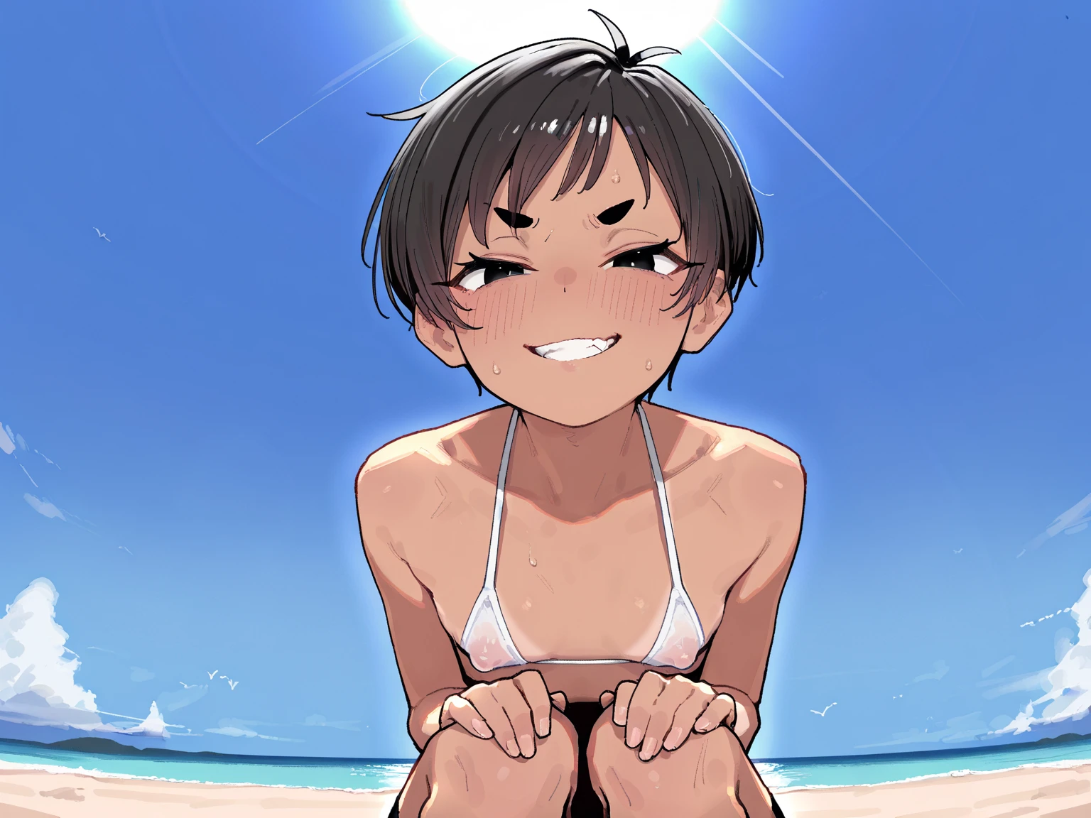 riley fairfeather, 18, selfie, beach, topless, standing in water, white panties, wet panties, cameltoe, freckles, small breasts, brown nipples, unpierced nipples, dark skin, dark-skinned female, purple eyes, short hair, green hair, multicolored hair, very short hair, black hair, undercut, gradient hair, two-tone hair, ear piercing, nose piercing, exposed intimate parts, flustered, her first nudes, added cute pink filter, kawaii, super cute, nervous smile, adorable, masterpiece, best quality, 4k ultra hd,