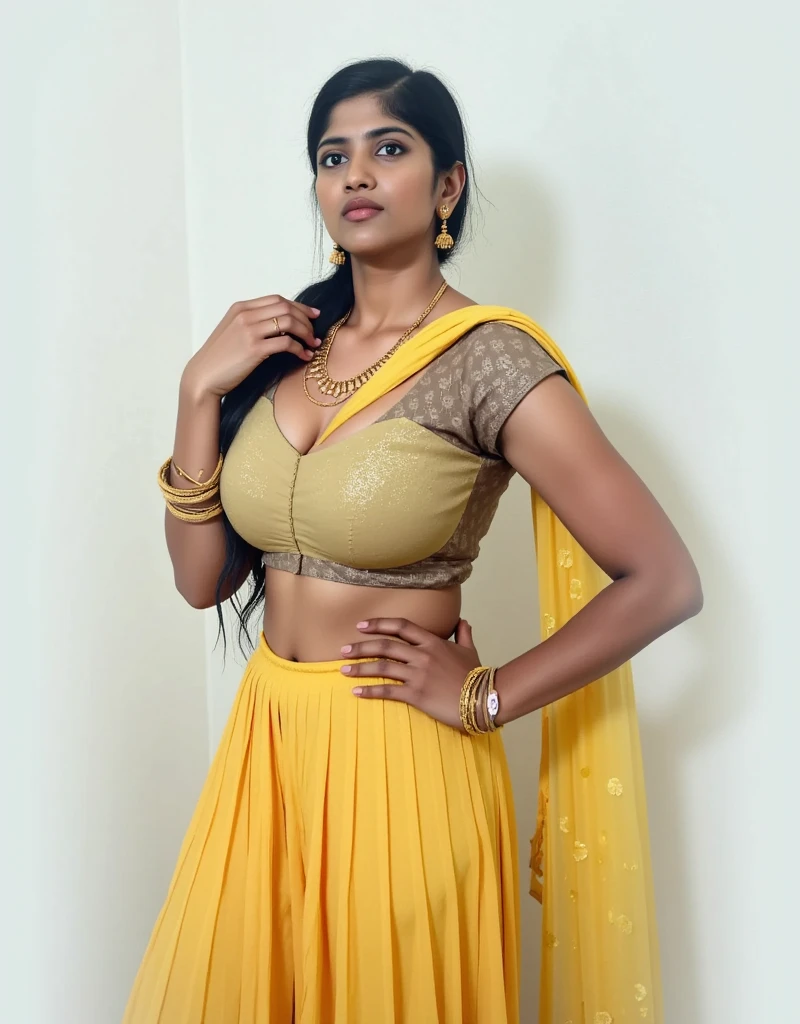 Anushka Shetty 28 years old beautiful different cute Indian face Indian girl, big huge breast, curvy plus size body figure, Botanical Leaf Embroidery t-shirt, different colorful Botanical Leaf Banarasi Saree, different hairstyle, bright eyes, thin eyebrows, fair skin, blushing cheeks, head to thigh close up view, smiling face, ultra realistic skin texture, Straight front view standing Pose, beautiful different Shani Shingnapur Temple background, ultra realistic, close up head to thigh view, black hair, Provocative eye Contact, glossy lipstick, attractive eye contract face, big bulky breast