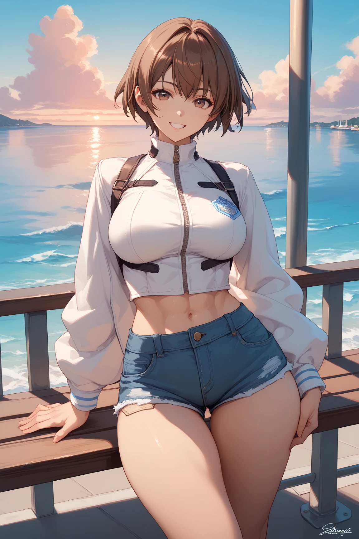 1 female. Half body shot. 22 years in age. 5'4. Slim thick, huge  perky tits, tight turtle neck crop top and jacket, short messy boy hair, brown reddish hair, collar around her neck, night time, golden hour, mischievous eyes, look up at me. . Extremely thicc, tomboy, short shorts, visible thong, abs, fat ass