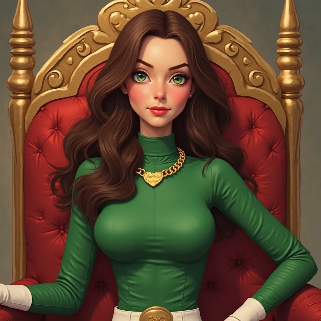 Thin woman, age 25, 4K (High definition), mysterious smile, seducing gaze, eyes browns, wearing a tiara and a royal dress (gray and gold) with a boat neckline and long sleeves, choker on the neck, brown belt, Caucasian skin, long curly black hair, sitting in a chair, full of curves with freckles across her chest and neck. Marvel style high quality, white background.