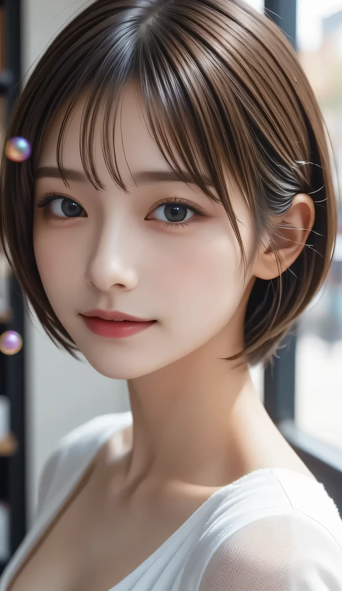 (masterpiece), ( top quality ), ( super detailed ),( disheveled hair),( illustrations), ( 1 girl), ( High fashion clothes with beautiful scenery in the background), in the library , fashion model, viewers, (interview), ( simple background), beautiful detailed eyes, delicate and beautiful face , Rich Breasts,D cup,floating,( high saturation),( radiant bounce ), colorful bubbles ,(Shine), Focus on the Face , ponytail, Bang, hair ring, Floating Flower, hair 】, (Shine), Best Lighting, best shadow,