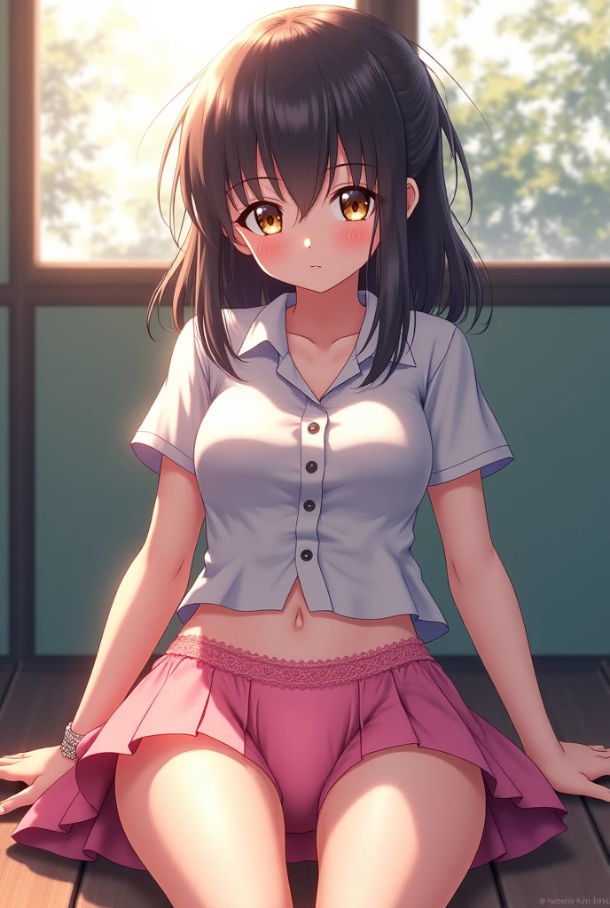 cute, girl, junior high school student, black hair, twin tails, , short sleeves, short skirt, white socks, small bust, blush, smile, see-nipples