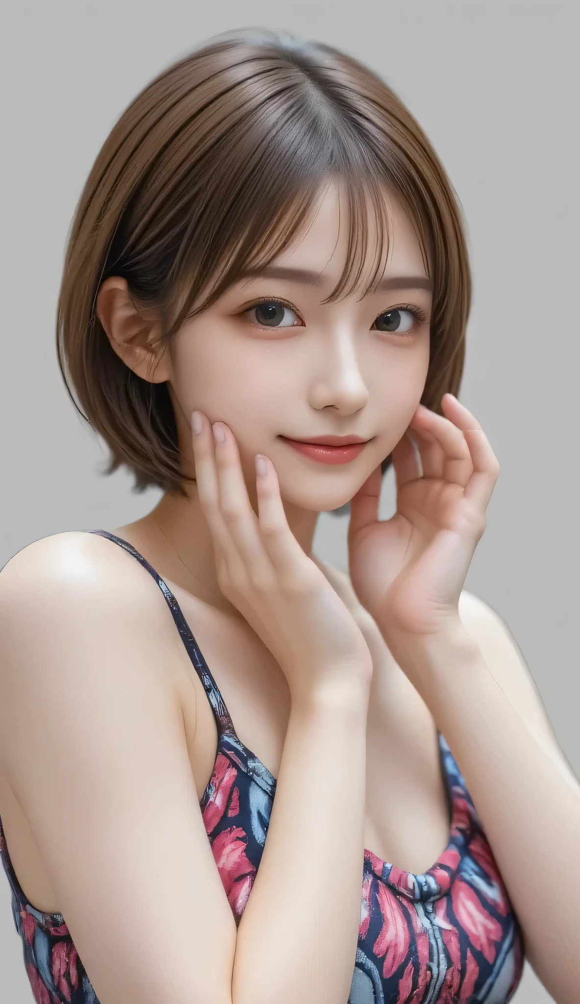 Portrait of a Beautiful Japanese Woman , Sophisticated Close Up , Tiny Head, Put your hands on your cheeks , Oily skin, light brown hair , Unkempt Low Ponytail , Damp hair, Vivid Surreal Colors :1.331, sketch-style :1.331, High Definition , digital art , vibrant minidress , Necklace , earring,