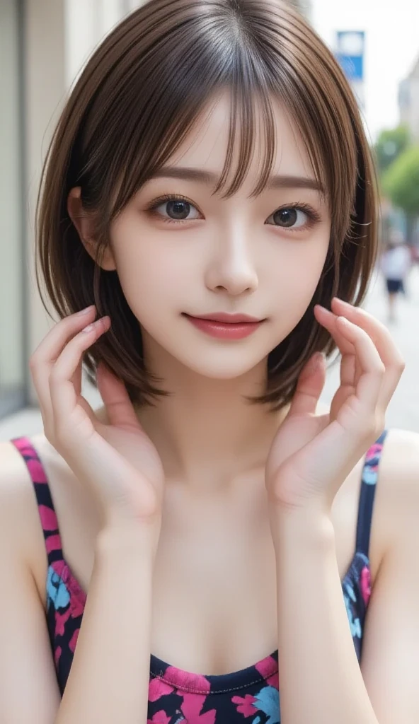 8K,Highest quality,(masterpiece:1.2),(Realistic),(Realistic:1.37),Ultra-high resolution,One high school girl,smile,((Big Breasts)),Beautiful Eyes,(((Cute Swimsuits))),Tropical Beach,Perfect body,Perfect Fingers,Professional Lighting,gravure,Detailed face and skin texture,fine grain,RAW Photos