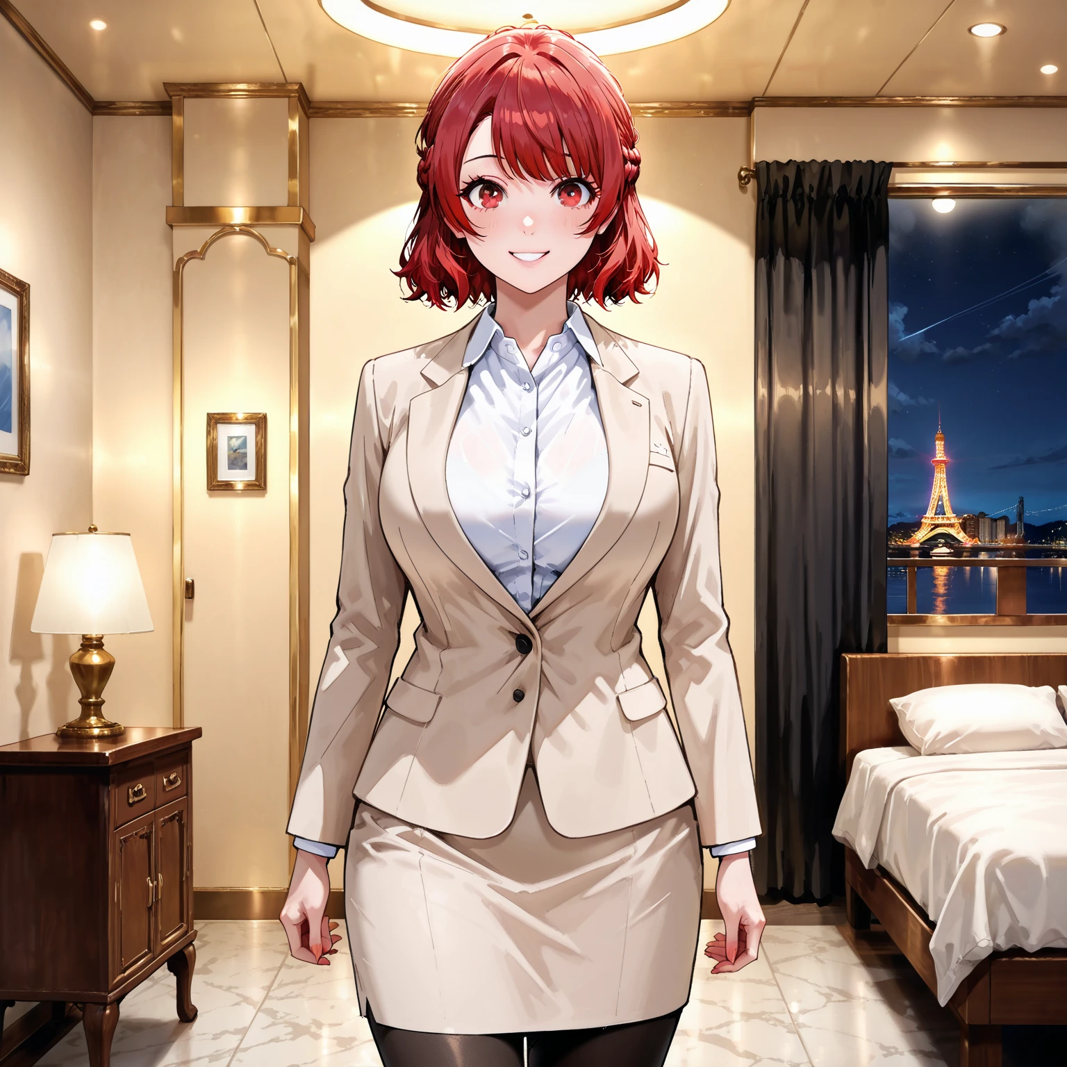 (Night:1.7), Cyberpunk_CityView, Before Window,
sitting at attention,sitting on couch,crossed arms, 
red uniform,red jacket,military_uniform,military,long_sleeves,red_cape,Black_shirt,pantyhose, 
<lora:Berah_Ronah_Crossbone-KK77-V1:0.7>,<lora:aiueOkaStyle_v10:0.1>, <lora:saiminSeishidou:0.1>,
orange_hair,short_hair,earrings, jewelry
1 girl, 25yo,mature female,Beautiful Finger,Beautiful long legs,Beautiful body,Beautiful Nose,Beautiful character design, perfect eyes, perfect face,
looking at viewer, (innocent_big_eyes:1.0),(expressionless:1.3),
NSFW,official art,extremely detailed CG unity 8k wallpaper, perfect lighting,Colorful, Bright_Front_face_Lighting,
(masterpiece:1.0),(best_quality:1.0), ultra high res,4K,ultra-detailed,
photography, 8K, HDR, highres, absurdres:1.2, Kodak portra 400, film grain, blurry background, bokeh:1.2, lens flare, (vibrant_color:1.2)
(Beautiful,large_Breasts:1.4), (beautiful_face:1.5),(narrow_waist),