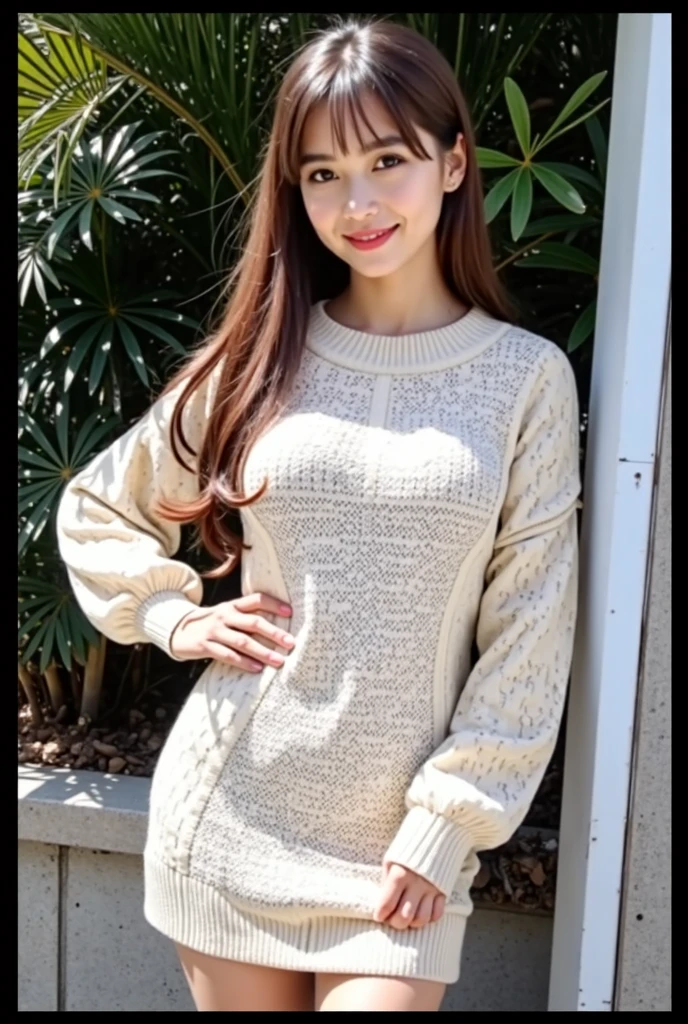 (Highest resolution, 6.5k, masterpiece: 1.3), Beautiful woman (long wavy hair), looking at camera, tilting her head, blonde, colored contacts (brown), thick thighs, big breasts , sweater (long sleeves, thin)