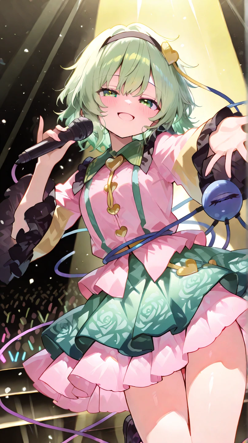 one girl,green short hair,green eyes,green bunny ears,valentine dress,white socks,pink sneakers,holding a magic wand,A winking expression