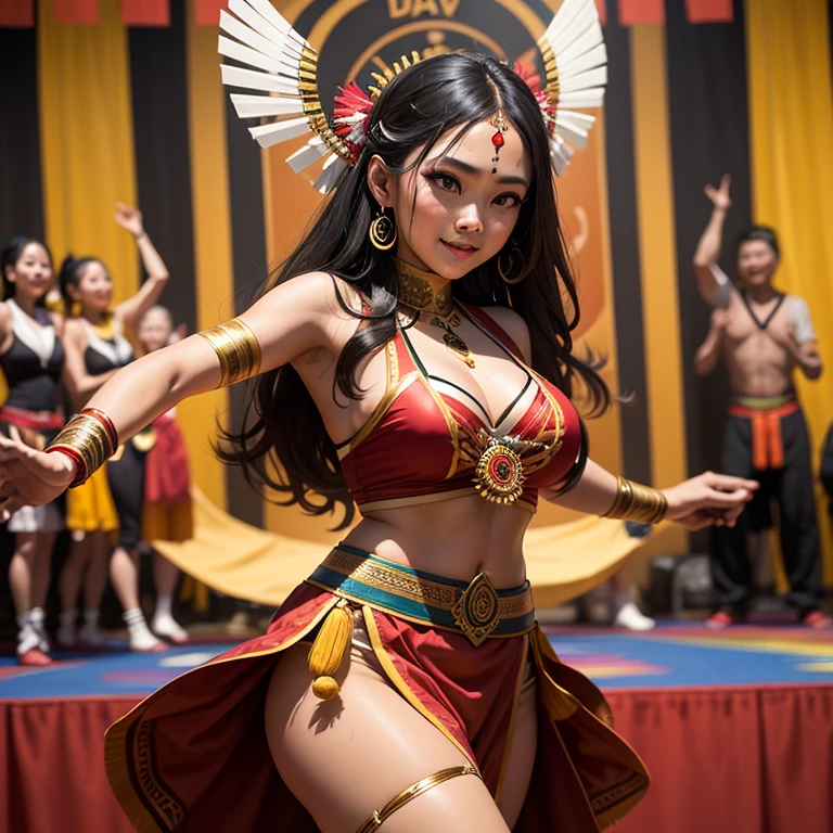 (best quality,4k,8k,highres,masterpiece:1.2),ultra-detailed,realistic,beautiful Indonesian woman warrior,expressive eyes,painted face,detailed warrior attire,intricate headdress,golden jewelry,dazzling sword,speaking power and strength,ancient traditions and culture,passionate and fearless fighter,commanding presence in the battlefield,mythical and mystical elements,rich colors of the Indonesian landscape,dramatic lighting,traditional Indonesian motifs,traditional weapons and armor,tribal markings on the body,graceful movements,warrior surrounded by lush tropical forest and exotic animals,embodying the spirit of the Indonesian warrior legends