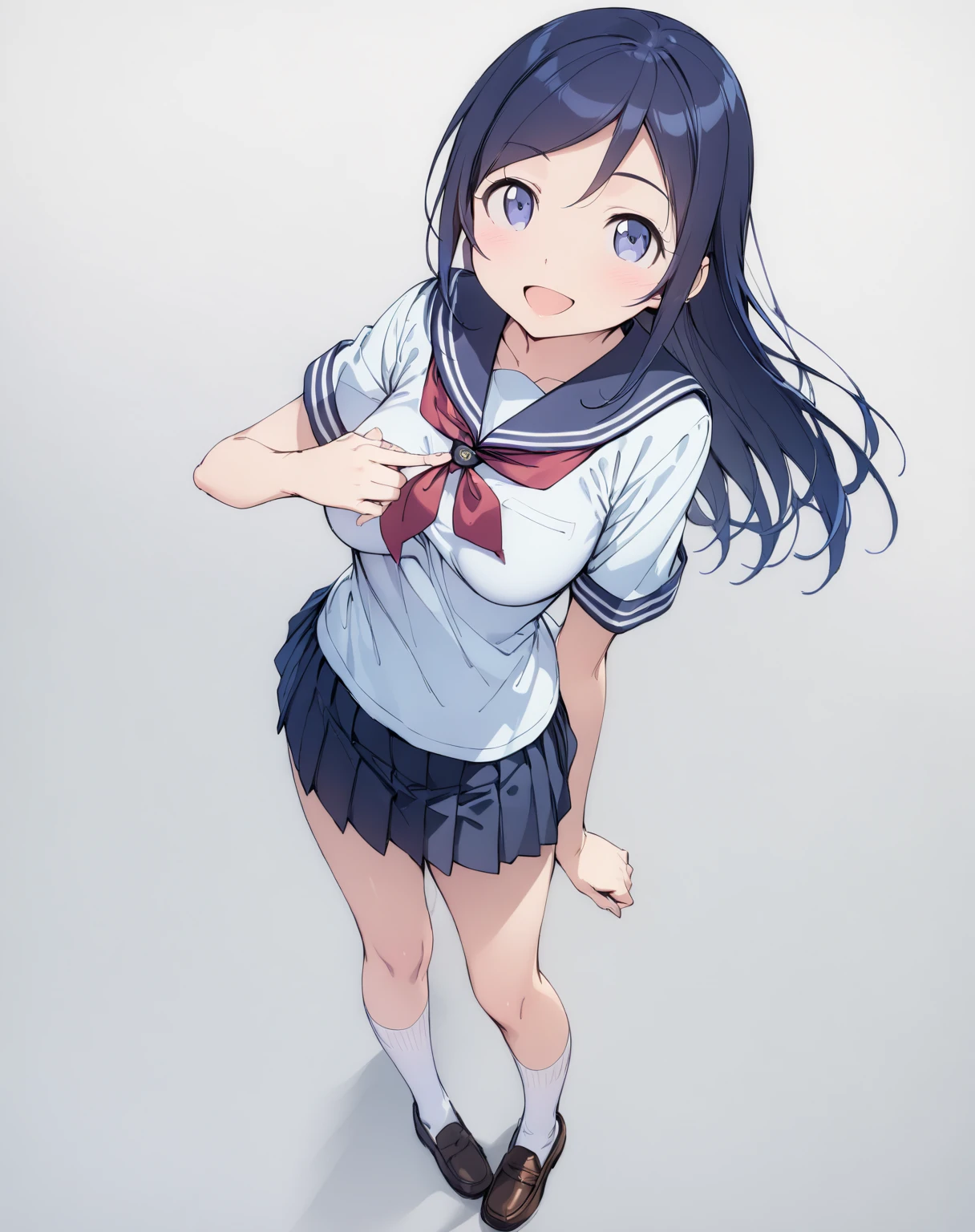 school classroom elementary school girl 8-year-old flat chest black hair long hair eyes are purple smile ((1 person)) Upper half length sleeve white sailor uniform Lower body navy blue miniskirt((White panties are visible)) black socks sneakers standing by the window spread your legs a little I can see white panties dynamic angle Low angle from the front