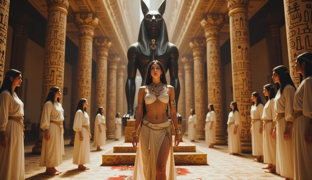 zendaya portrayed as Cleopatra, in front of a large statue of the god Anubis, phophotorealistic portrait, dramatic, cinematic, 4k resoltion, hyperdetailed, dramatic scene, full body angle, back view,