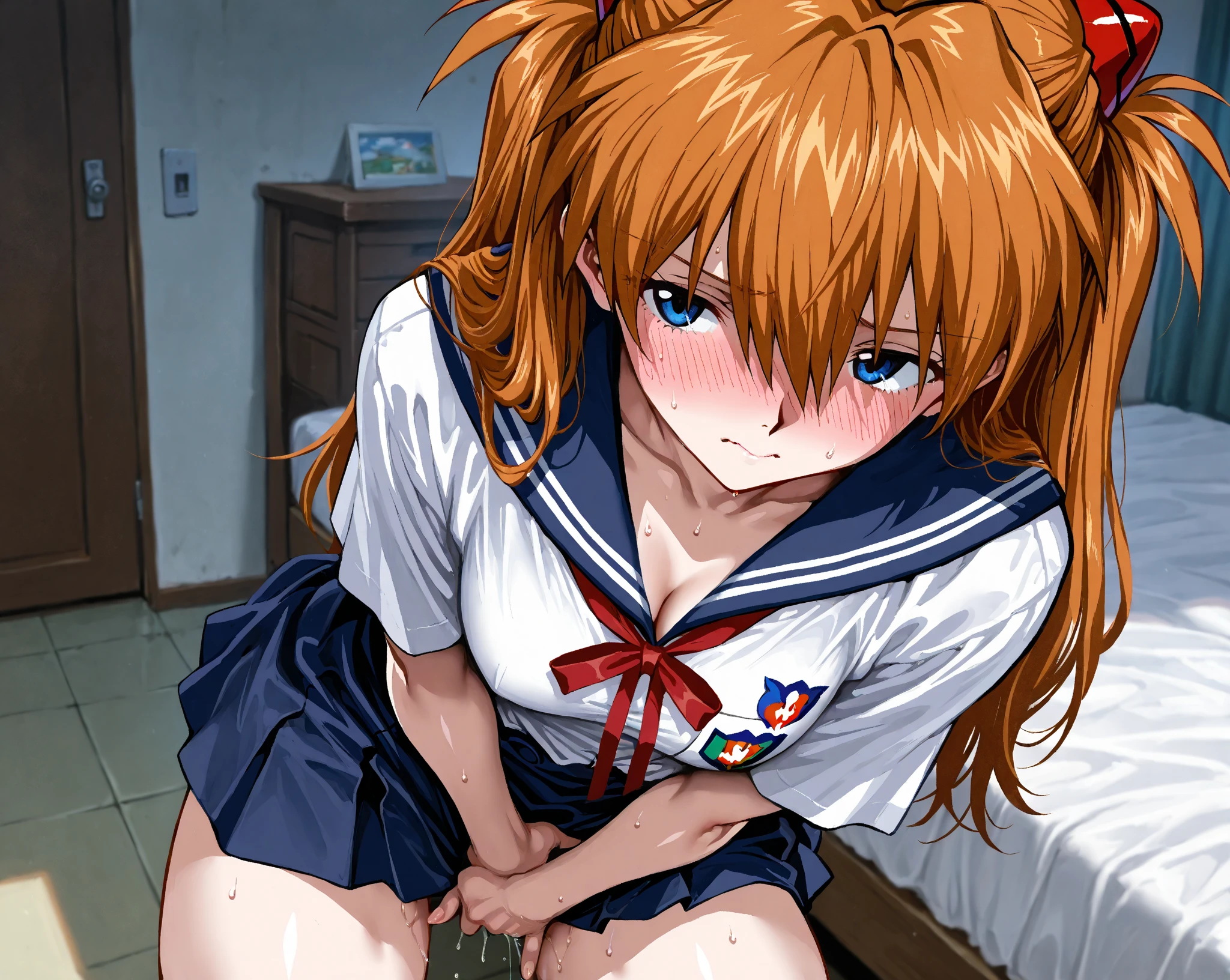 nsfw,asukalangley, asuka langley soryu, (souryuu asuka langley:1.5), blue eyes, hair between eyes, headgear, interface headset, orange hair, two side up,
BREAK blue dress, collarbone, dress, neck ribbon, pinafore dress, red ribbon, ribbon, , shirt, short sleeves, (tokyo-3 middle school uniform:1.5), suspenders, suspender skirt, white shirt,
BREAK indoors, gym storeroom,
BREAK looking at viewer, (cowboy shot:1.5),blush angry,stare at viewer,clenched teeth expression,disdain,contemptuous,(((crawling,spread legs))),in heat,breath,(((skirt lift))),public hair,bottomless,sexual fluids,focus pussy,focus ass,from behind,
BREAK (masterpiece:1.2), best quality, high resolution, unity 8k wallpaper, (illustration:0.8), (beautiful detailed eyes:1.6), extremely detailed face, perfect lighting, extremely detailed CG, (perfect hands, perfect anatomy),