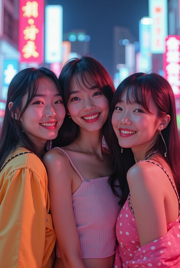 (a trio of gorgeous ladies, early 20s, at Shanghai. They are dressed in Korean chic & trendy fashion, in light-color, dark-color, peach-color, Off-Shoulder Midi Dress, pencil skirt, Button Details, feminine, random & natural pose under night sky, beautiful detailed face, beautiful detailed eyes, dimpled smile, kind & friendly smile, short straight hair, bob hair, ponytail, cute snagglooth, ample round bosom, medium chest, strengthened chest, healthy body proportion, enchanting cleavage, photorealistic, hyper-realism, high contrast, ultra HD, realistic skin textures, top image quality, top-quality, super high resolution, fine details, very meticulously, bokeh background, the_cowboy_shot)