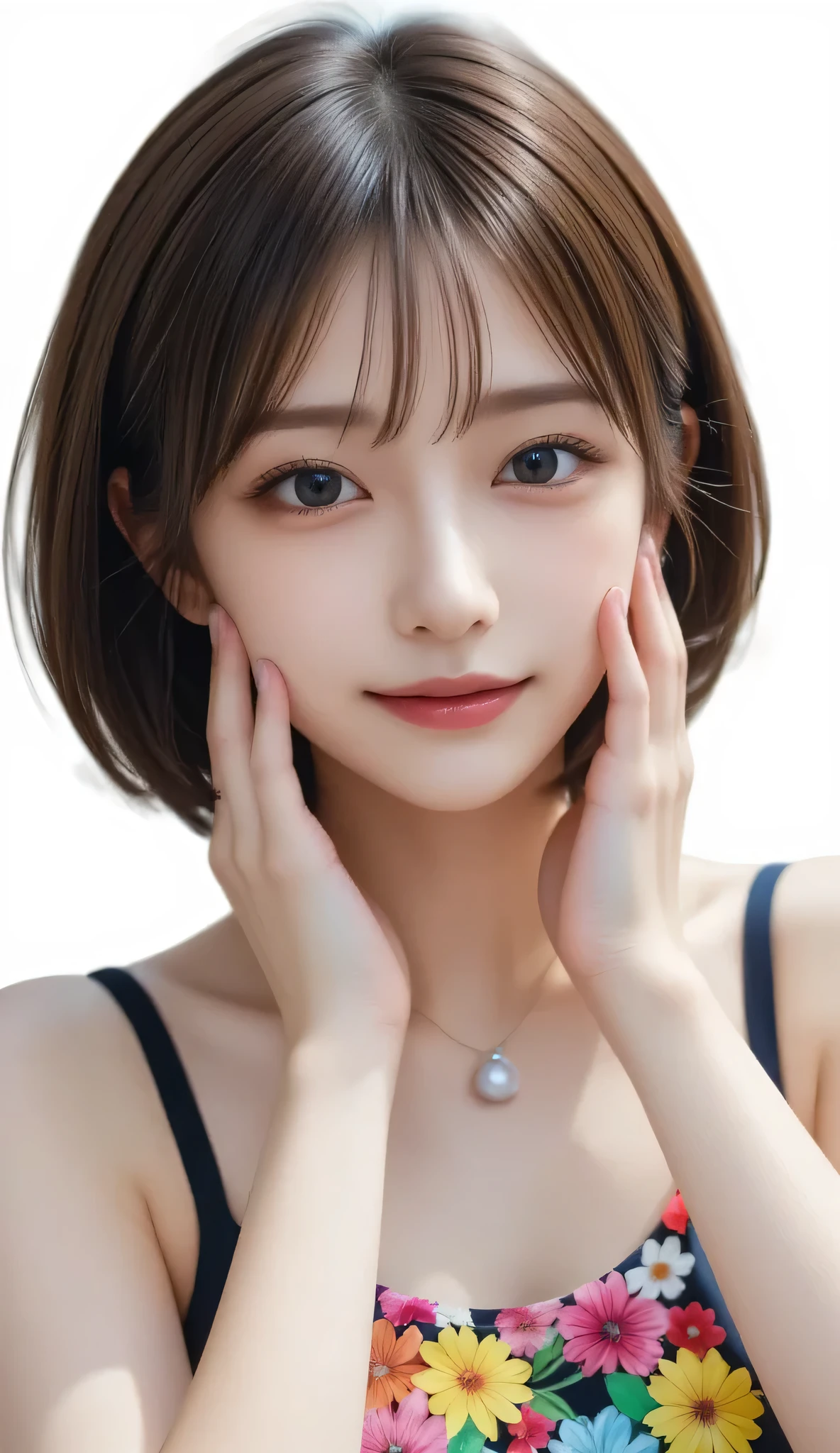 Portrait of a Beautiful Japanese Woman , Sophisticated Close Up , Tiny Head, Put your hands on your cheeks , Oily skin, light brown hair , Unkempt Low Ponytail , Damp hair, Vivid Surreal Colors :1.331, sketch-style :1.331, High Definition , digital art , vibrant minidress , Necklace , earring,