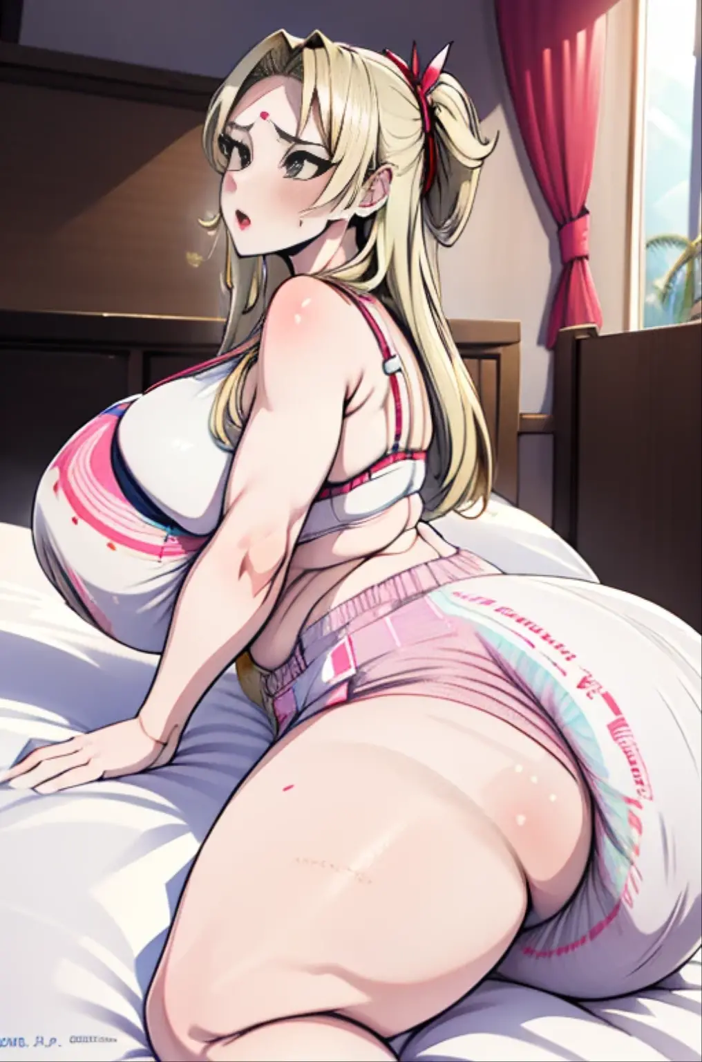 Tsunade Senju, 1 girl, (bimbo))), grabbing ass, mature mom, wide hips, thick thighs, huge ass, Enormous bloated expanding saggy diaper mess about to burst, huge overflowing breast, orgasm relieved expression, pink bra, in my bed, trying to hold but diaper is inflating bigger and bigger and bigger