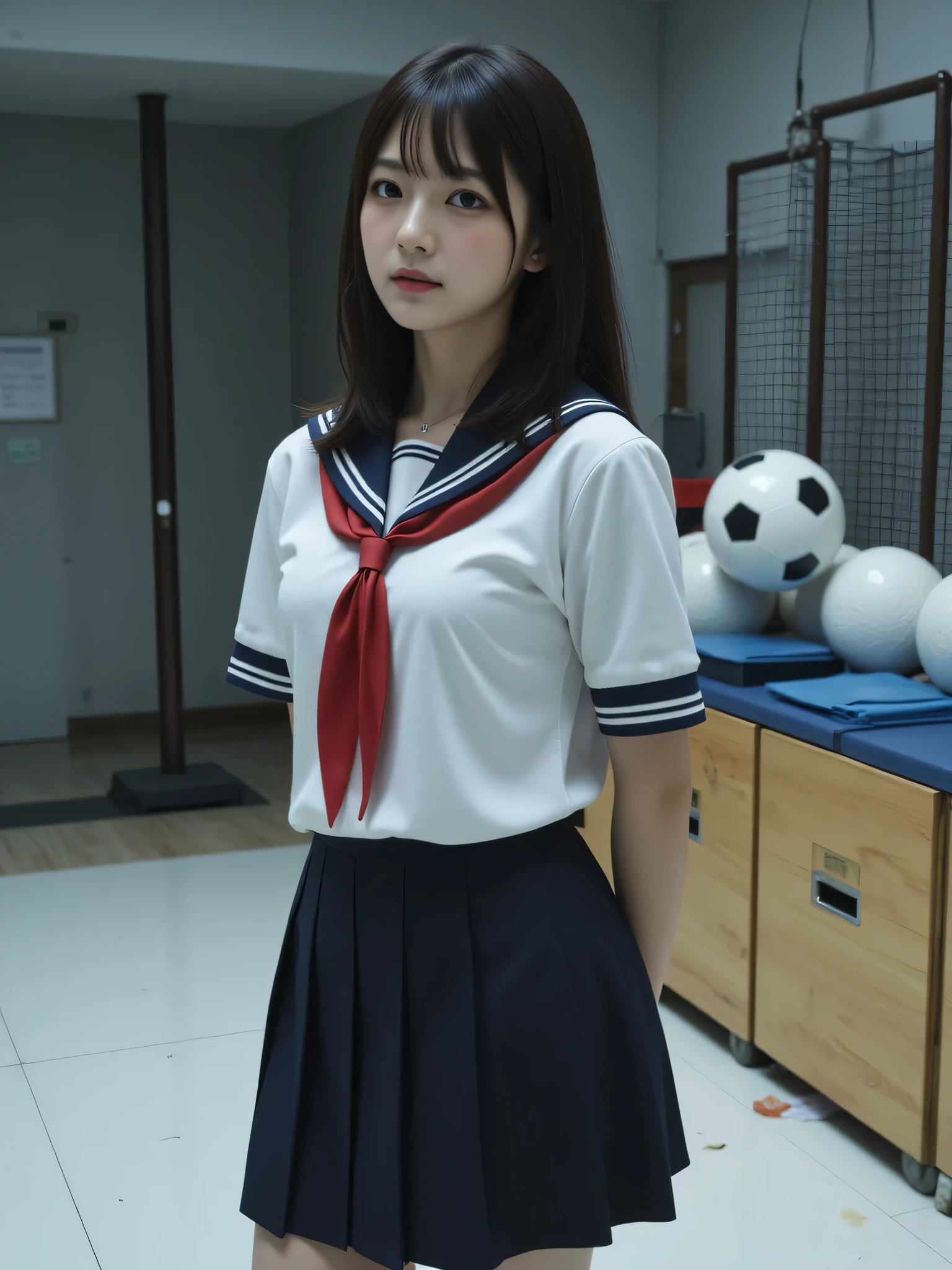 japanese cute idol, Japanese cute girl, kawaii, a beautiful young girl dressed up as a sailor, 1girl, solo, school uniform, serafuku, skirt, (The normal face of Japan),(The plain face of Japan ),(Curvy Body),(High school uniform、Wearing school uniform) black hair、 pleated skirt 、a beauty girl,large breast,focus breasts,show bra ,underwear ,navel, Messy narrow Sports warehouse room. dark light gray hue shift. Dim lit. Evening. slightly old background wall. white floor with few scratches. few crack and little dirt on wall. wooden vaulting boxes. Hurdles. soccer balls in a cage made of iron pipes. Light gray Stacked gymnastics mats. , (embarrassed, nose blush:1.3), dark illumination room