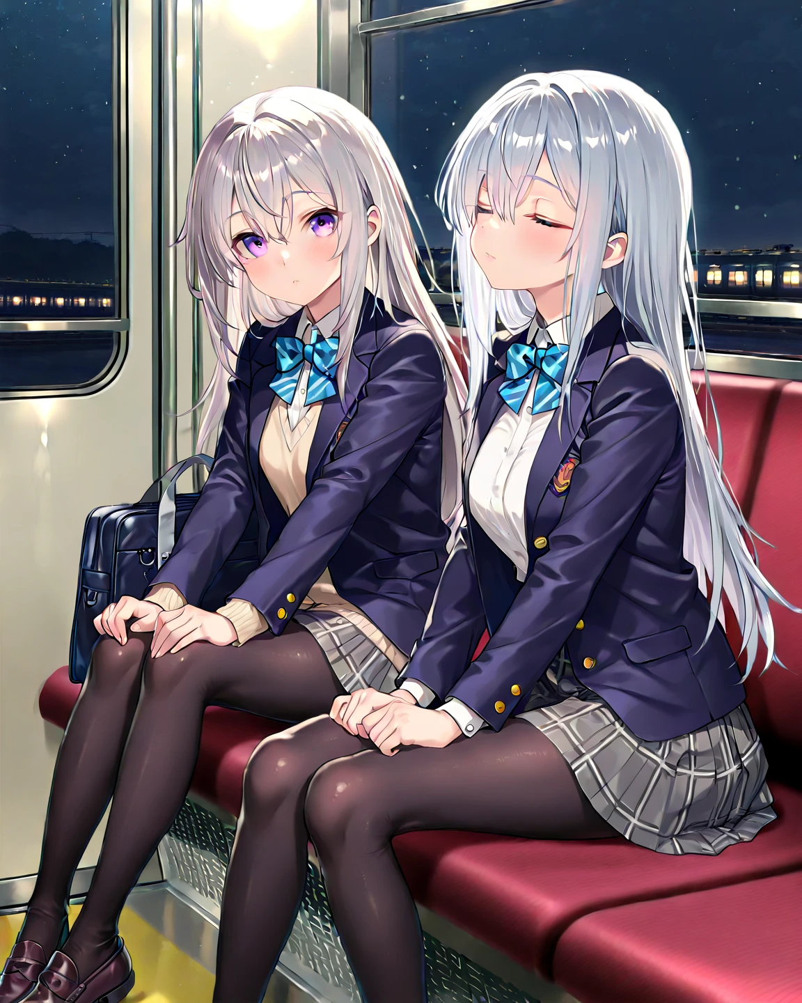 Highest quality, Ultra-high resolution, (Realistic: )2D official style cel animation,((Two girls are sitting in a row with their hands making peace signs))Grey suit、Grey tight mini skirt,(Lace panties、Panty stocking、Center seam)High heels,全身Portrait,Commuter train chair,sunny,Embarrassed face,front、Portrait