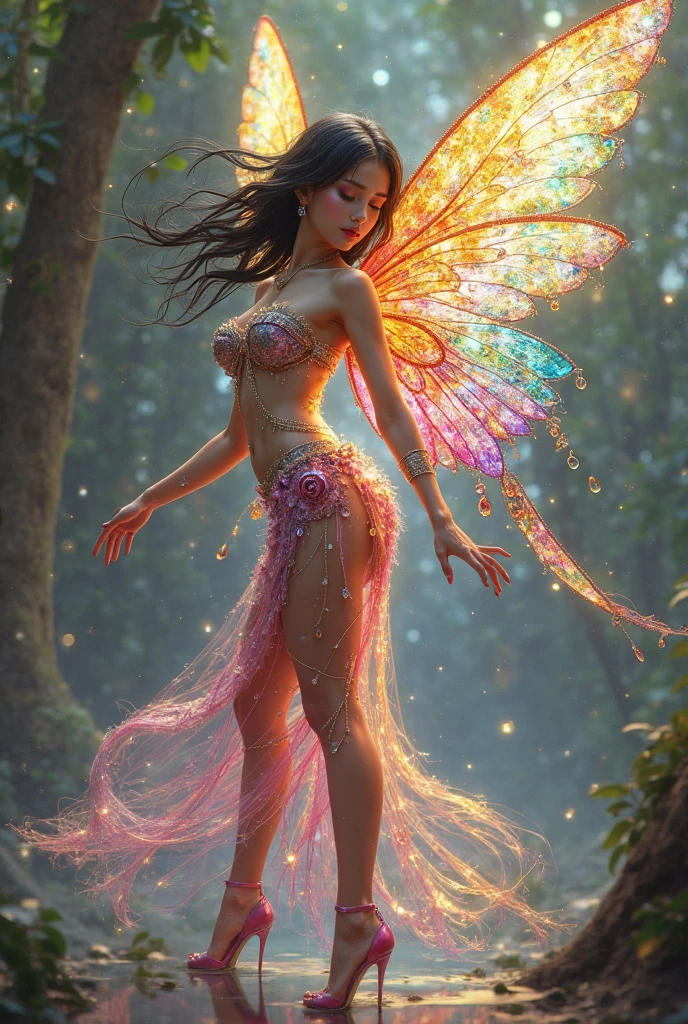 (Masterpiece), (Top Quality), ((Ultra Detail)), (High Resolution), (Very Detailed CG Illustration), ((Very Delicate and Beautiful)), (Sharp Focus), Cinematic Light , amazing fantasy art, mythical fantasy, dreams, ((Rainbow)), fairy tales, mystical and magical powers, 1girl, front facing, beautiful face, detailed and perfect face, (transparent beautiful rainbow colored butterfly wings) ), light blue eyes, big breasts, slim waist, big butt, butterfly wings, silk, exquisite embroidery, costume with subtle rainbow details, (((translucent rainbow feathers))), dream colors, dynamic lighting, colorful magical birds, jewel-colored butterflies that give off a magical aura, the latest trending fantasy art, professional lighting that creates depth and mood (with a full moon in the background), (depth field: 1.3), blurred,