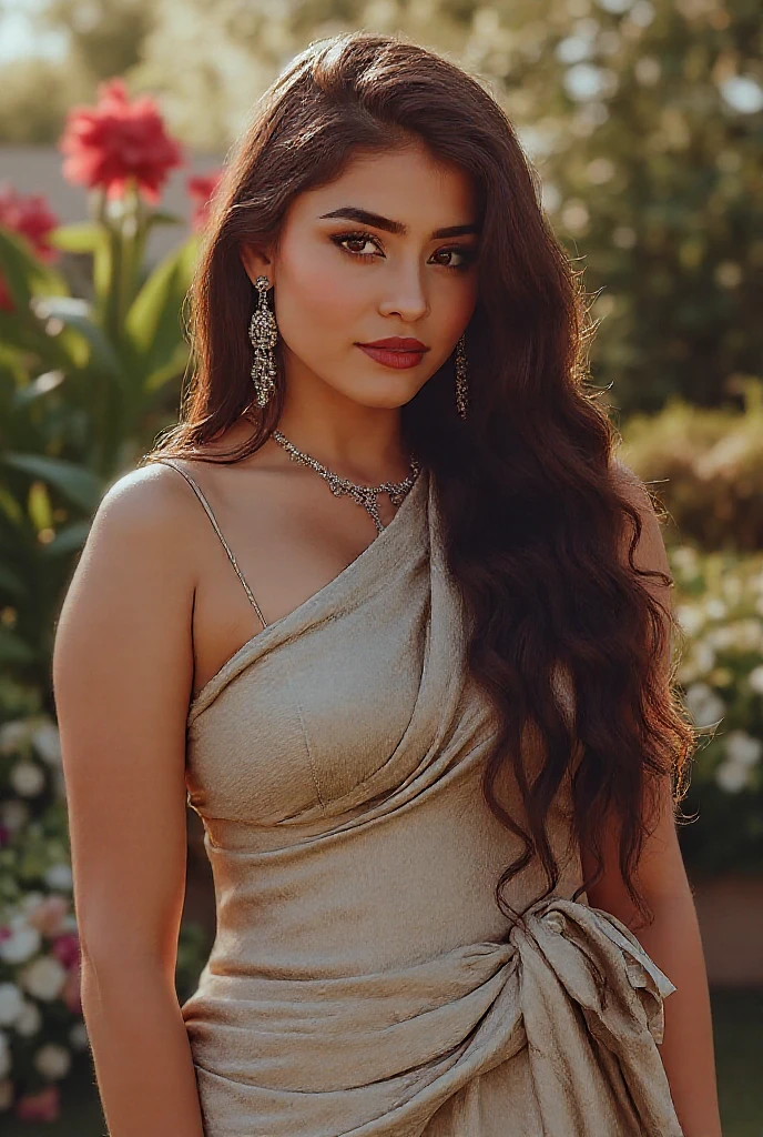 Create an ultra-realistic image of a modern, attractive female influencer of Indian descent, aged between 27 to 30. She should have a warm and inviting smile, expressive almond-shaped eyes with a slight shimmer, and clear, glowing skin with a medium brown complexion. Her features should be well-defined, with high cheekbones and a sharp jawline. Her hair should be a deep, reddish-purple hue, long, thick, and wavy, styled in loose waves with a natural shine and bounce.
She should have a slender yet athletic build, reflecting a healthy and active lifestyle. She is wearing a delicate ivory strapless knee-length lace one-piece suit. The intricate lace adds a touch of romance and refinement, and the medium bust size (44-46 inches) offers a balanced and proportionate look. The outfit is completed with elegant accessories and subtle chic jewelry.
The background should be a romantic garden setting with blooming flowers and fairy lights, adding an enchanting and refined atmosphere to the scene. Her overall appearance should exude confidence, approachability, and sophistication, capturing the essence of a contemporary Indian fashion influencer.
