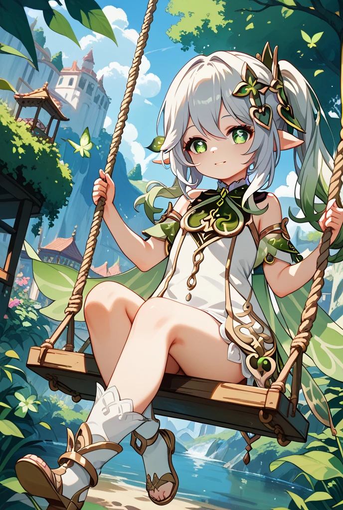 ultra-detailed,(best quality),((masterpiece)),(highres),original,extremely,<lora:naxida2_xl:1>,naxida, swing, 1girl, nahida (genshin impact), smile, solo, multicolored hair, closed eyes, white dress, dress, pointy ears, gradient hair, bangs, hair ornament, sitting, side ponytail, flower, green hair, sky, long hair, outdoors, open mouth, :d, bracelet, jewelry, white hair, ^_^, head wreath, petals, sidelocks, blush, sleeveless dress, cloud, hair between eyes, holding, sleeveless, blue sky, ^o^, day, detached sleeves, white socks, bare shoulders