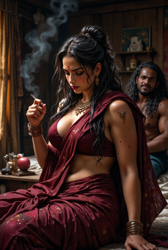 "A sorrowful woman, dressed in tattered clothes, with a perfect cleavage, sitting beneath a large fruit tree. Her expression should show deep sadness as she reaches out for the fruit, with Raghu approaching her with concern