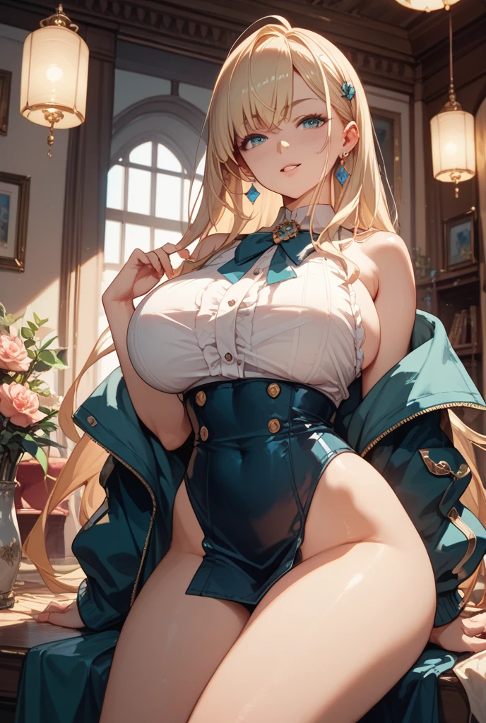 a 20 yo russian girl, blonde hair, updo hair, (wearing russian Sarafan, show cleavage), dark theme, smoothing tones, muted colors, high contrast, natural skin texture, hyperrealism, soft light, sharp, retro, Dark Blue. Show big thigh, plump body. Sitting on the bed. Biting her lower lips. Polaroid.