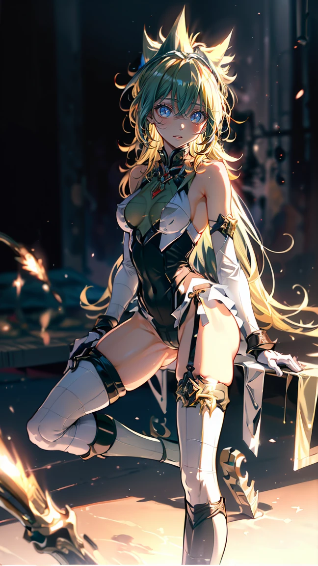 fantasy, 1angel_girl,, ,brown_hair, medium_bob_hair, long_bangs, halo,bare_shoulder,thighhighs,silver_armor, waist_armor, large_breasts,angry,grinning,open_mouth_teeth, 1pair_wings, dynamic_pose_fighting,floating, bare_crotch, headgear,gauntlet, greaves,city_sky_background,slightly_spread_legs, solo, groin_naked,dark_skin,