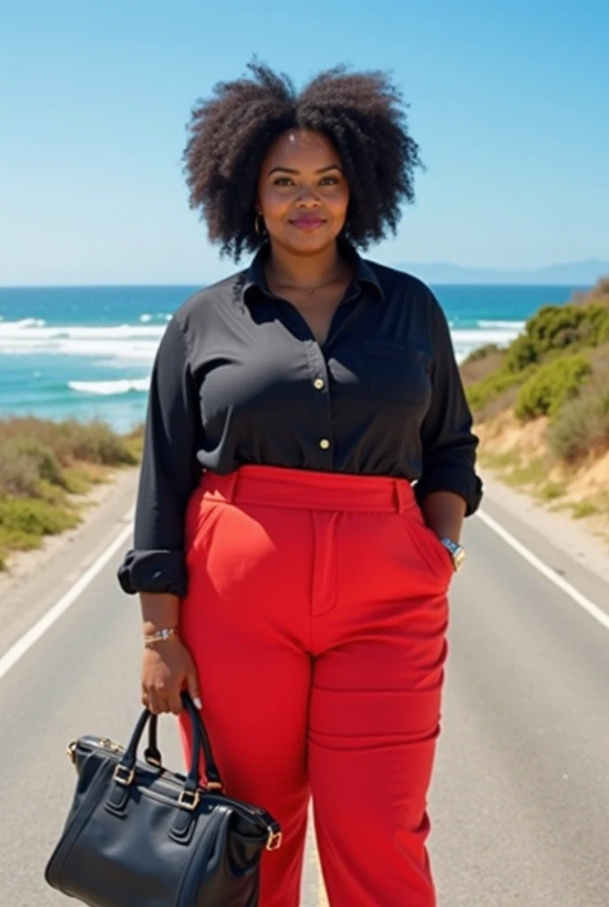Full length image of a curvy, not overweight, lucky woman in red long sleeves and black pants standing next to a motorcycle
