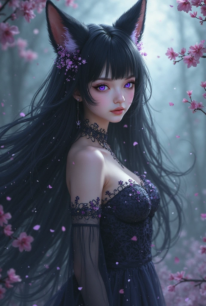 detailed eyes, detailed face, sidelighting, finely detailed beautiful gray eyes: 1.2), medium breast, realistic, glowing eyes,shiny hair,black hair,long long hair, lustrous skin, solo, embarassed,Strapless,exquisite,beautifly,garden,flowers,flying petals, bare legs, cherry blossom, cinematic light, cinematic composition, abundant expressions, full body