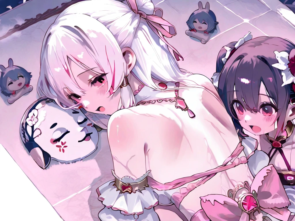 3girls,blowjob,handjob,black hair,short hair,tongue out,sweaty,blushed,suffering,bukkake on face,naughty bunny costume,at nightclub,girls licking 1penis,from above
