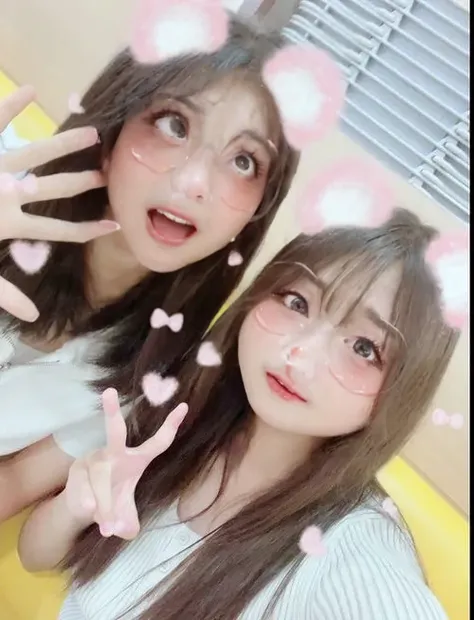 there are two girls that are posing for a picture together,, Kawaii realistic portrait, clear cute face,, with bunny ears, cutecore, kawaii aesthetic, with big rabbit ears, Cute cute, , cute artwork