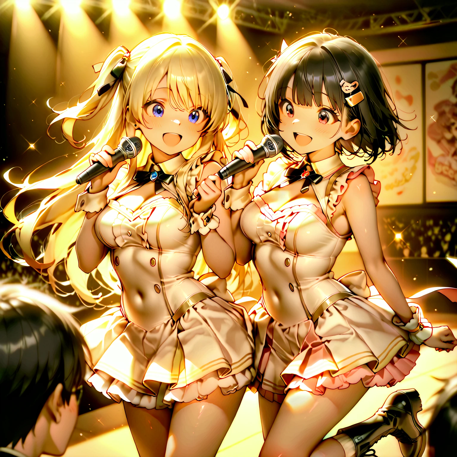 realistically, 2 girls, twintail, longhair, brown eyes, glowing eyes, white short skirt, Blush, daytime, sweat, see through, dancing, Strapless, nipples, pussy, 16 years old, crotch, concert stage, open skirt, Spread your legs,