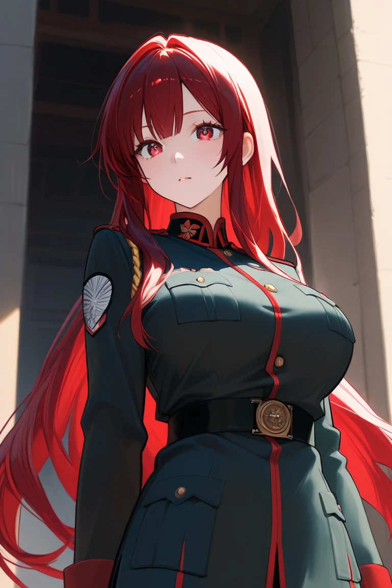 solving the absurd，High resolution，Masterpiece 1.4，super beautiful，8 life size，Second World War，Wearing German military uniform，red eyes，red long hair，ponytail，big breasts，clear eyes，solving the absurd，High resolution，Masterpiece 1.4，super beautiful，Wearing a military cap，body hidden by clothes，8 life size，get closer to the camera，red eyes，red long hair，ponytail，big breasts，kind face，battlefield background，